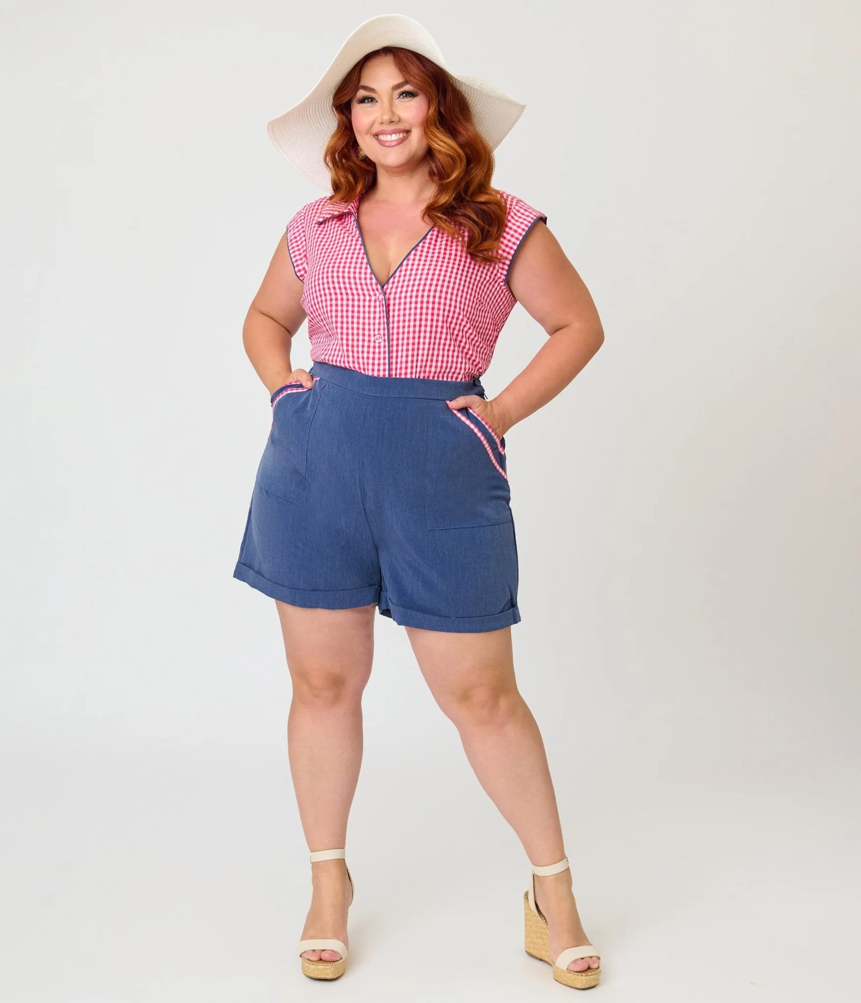 Unique Vintage Plus Size Chambray & Hot Pink Gingham High Waist Shorts sold by Unique Vintage