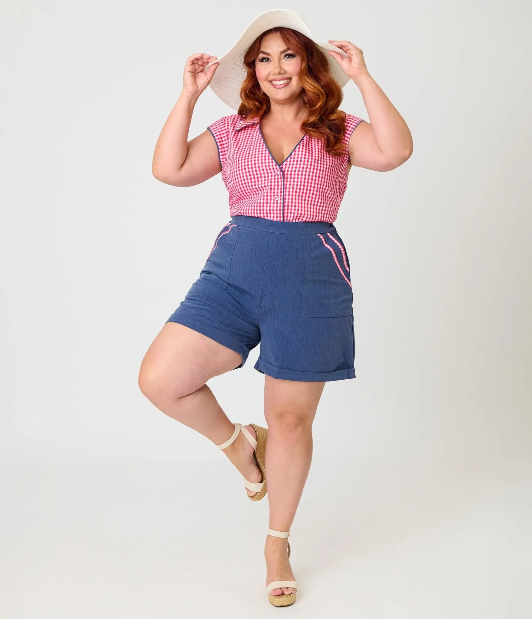 Unique Vintage Plus Size Chambray & Hot Pink Gingham High Waist Shorts sold by Unique Vintage product image thumbnail 4