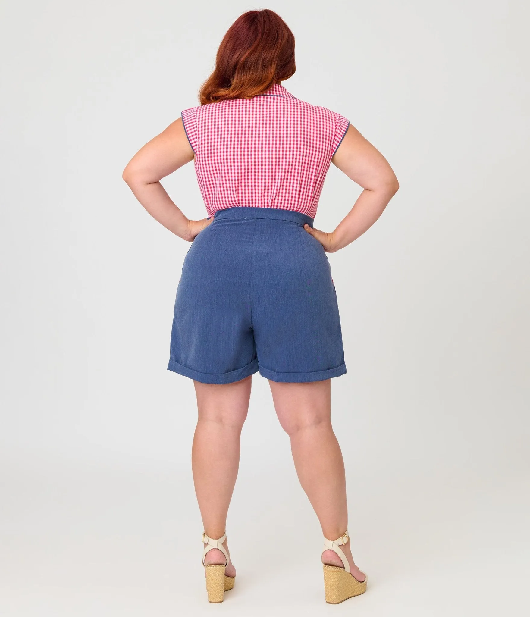 Unique Vintage Plus Size Chambray & Hot Pink Gingham High Waist Shorts sold by Unique Vintage product image thumbnail 3