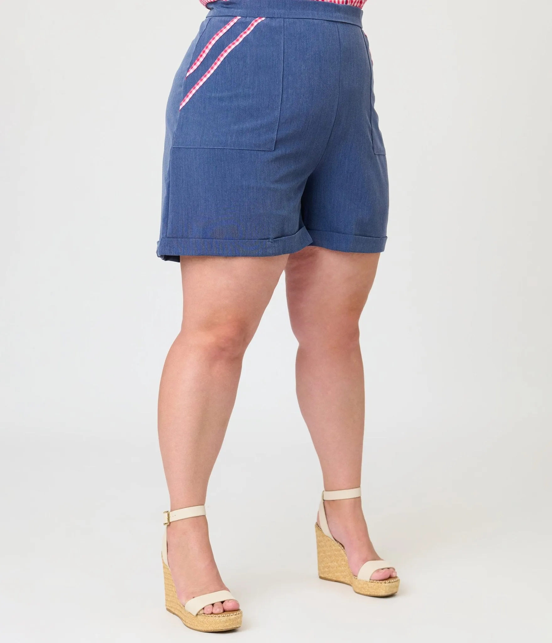 Unique Vintage Plus Size Chambray & Hot Pink Gingham High Waist Shorts sold by Unique Vintage product image thumbnail 2