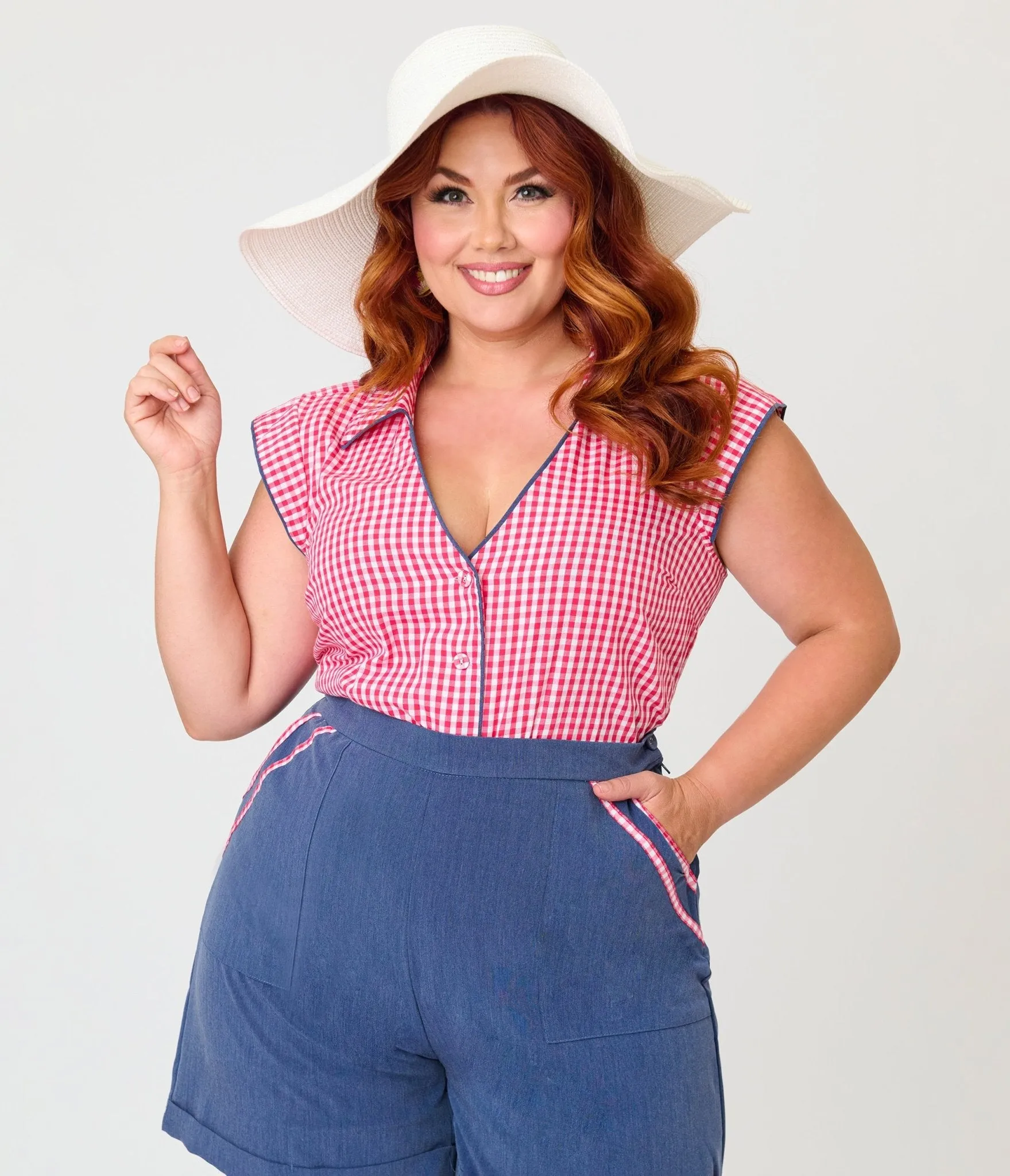 Unique Vintage Plus Size Hot Pink Gingham Cap Sleeve Top sold by Unique Vintage
