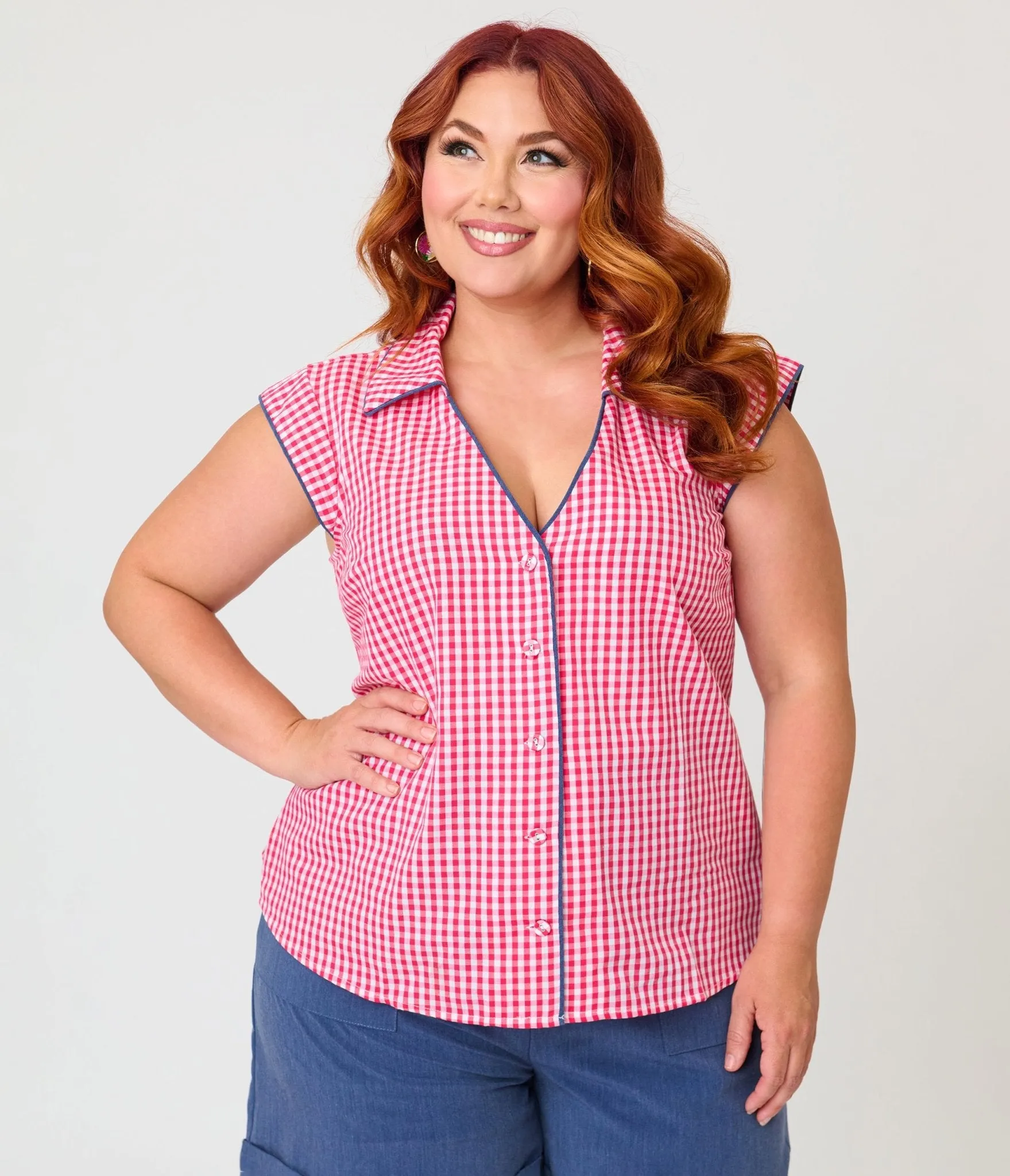 Unique Vintage Plus Size Hot Pink Gingham Cap Sleeve Top sold by Unique Vintage product image thumbnail 3