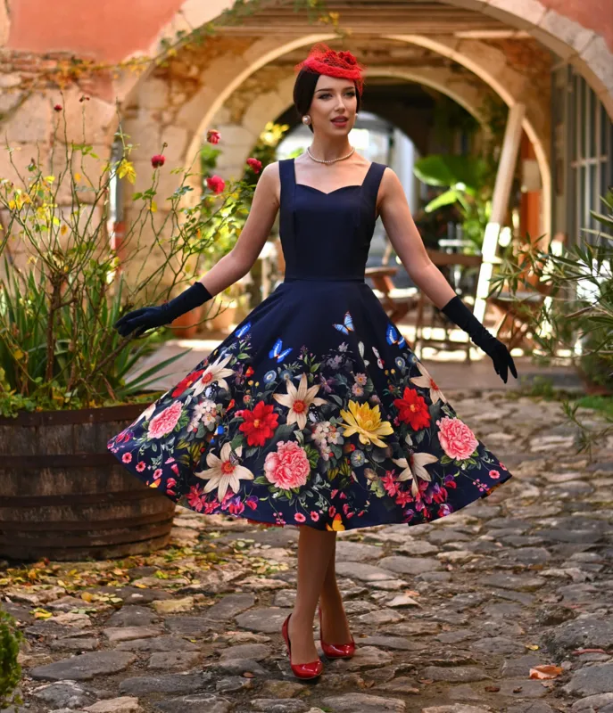 Navy Butterfly & Floral Moonlight Swing Dress made by Unique Vintage