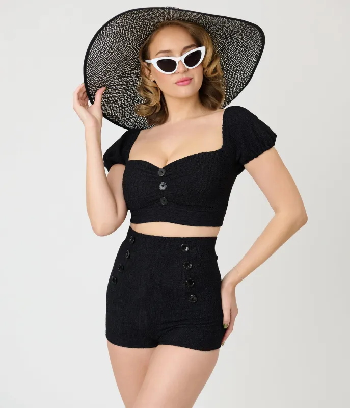 Pinky Pinups Black Textured Puff Sleeve Swim Top made by Unique Vintage