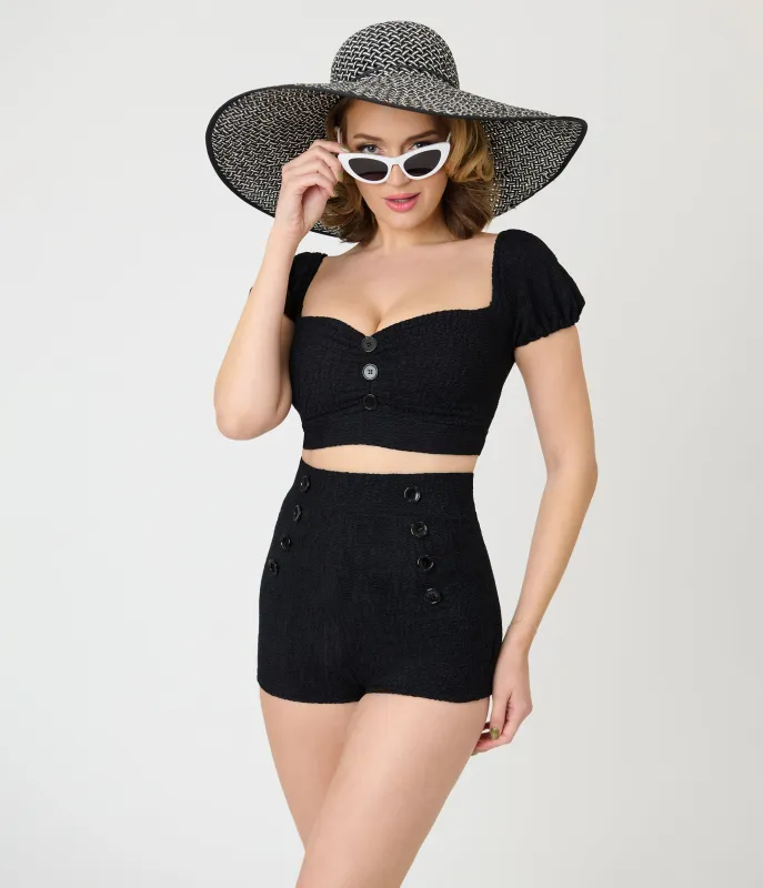 Pinky Pinups Textured Black High Waist Sailor Swim Bottoms made by Unique Vintage