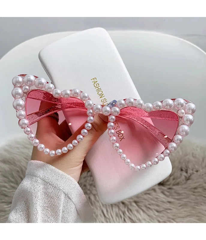 Pink Heart Shaped Pearl Embellished Sunglasses made by Unique Vintage
