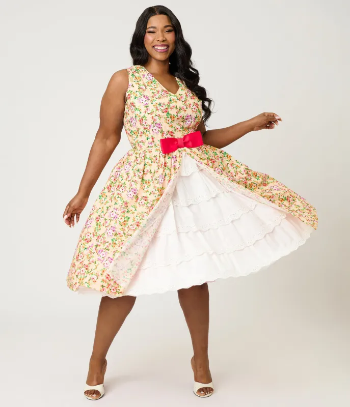 Unique Vintage Plus Size Beige Floral Print Garden Party Swing Dress made by Unique Vintage