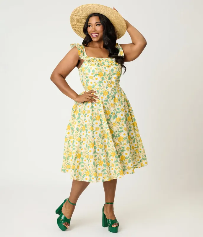 Magnolia Place Plus Size Yellow Floral Cotton Barbara Swing Dress made by Unique Vintage