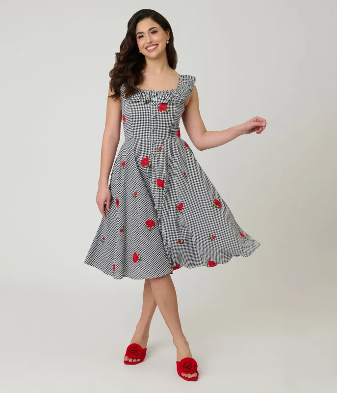 Magnolia Place Black Gingham & Red Rose Embroidered Barbara Swing Dress made by Unique Vintage