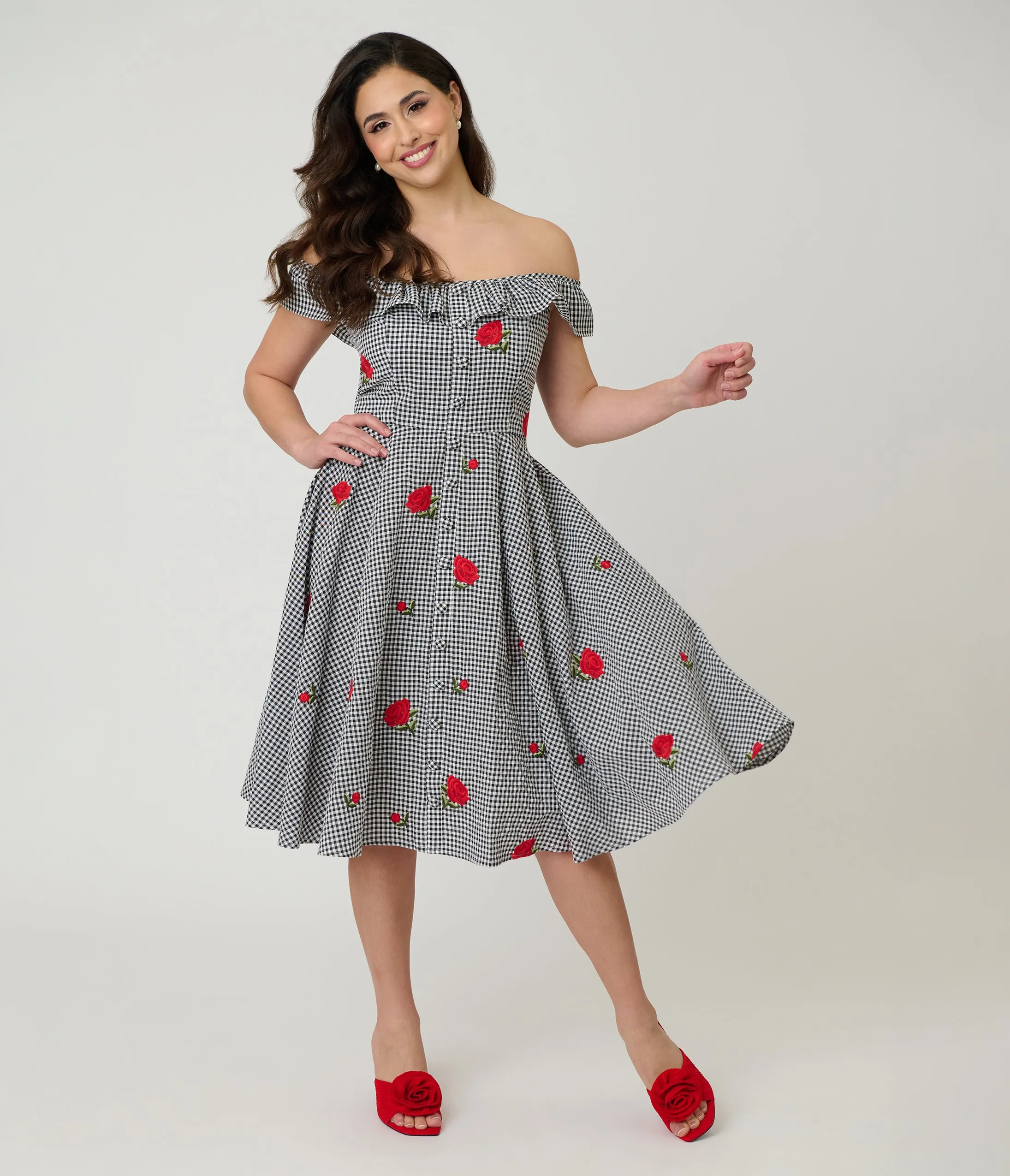 Magnolia Place Black Gingham & Red Rose Embroidered Barbara Swing Dress sold by Unique Vintage product image thumbnail 4