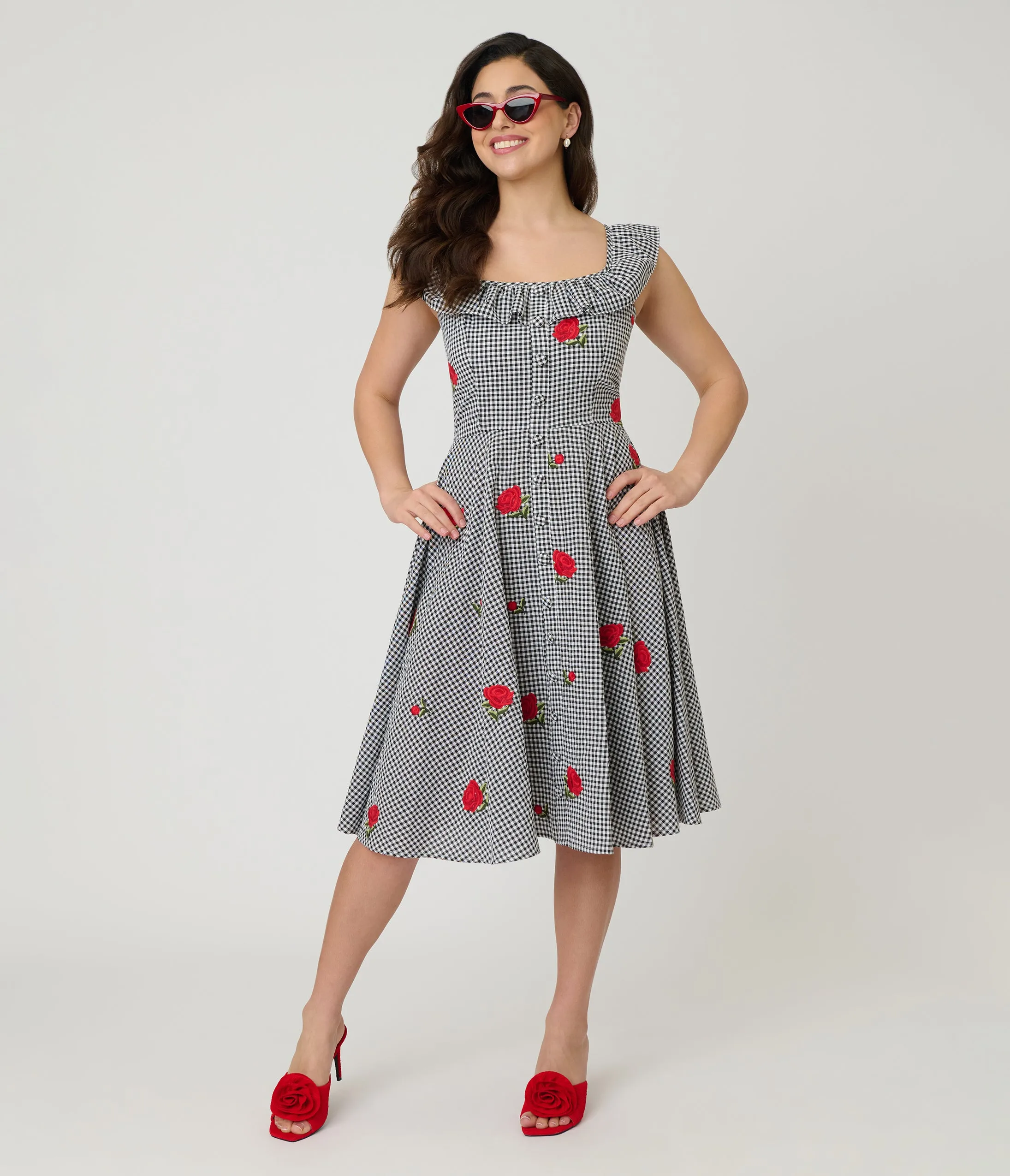 Magnolia Place Black Gingham & Red Rose Embroidered Barbara Swing Dress sold by Unique Vintage product image thumbnail 3