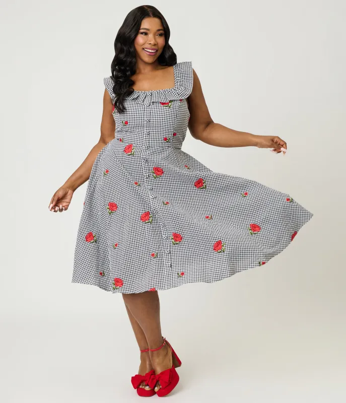 Magnolia Place Plus Size Black Gingham & Red Rose Embroidered  Barbara Swing Dress made by Unique Vintage