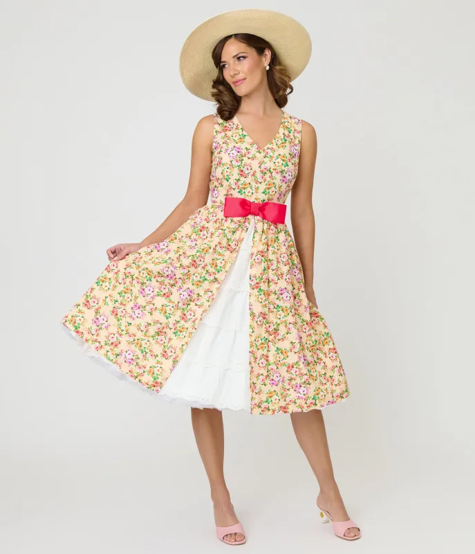 Unique Vintage Beige Floral Print Garden Party Swing Dress made by Unique Vintage