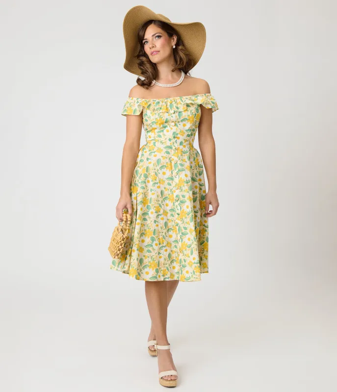 Magnolia Place Yellow Floral Cotton Barbara Swing Dress made by Unique Vintage