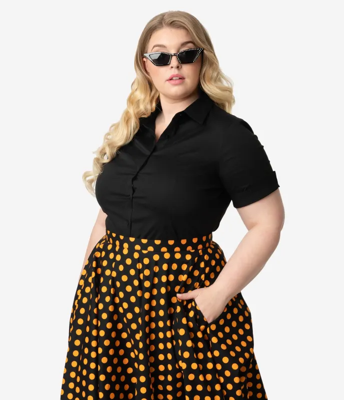 Plus Size Black Collared Short Sleeve Cotton Button Up Blouse made by Unique Vintage