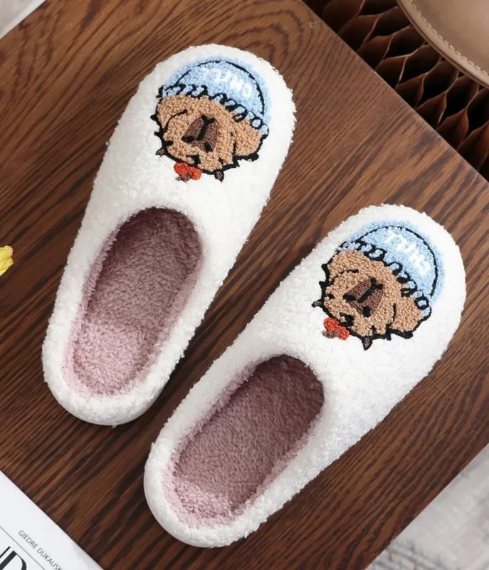 Capybara Embroidered Cotton Slippers made by Unique Vintage