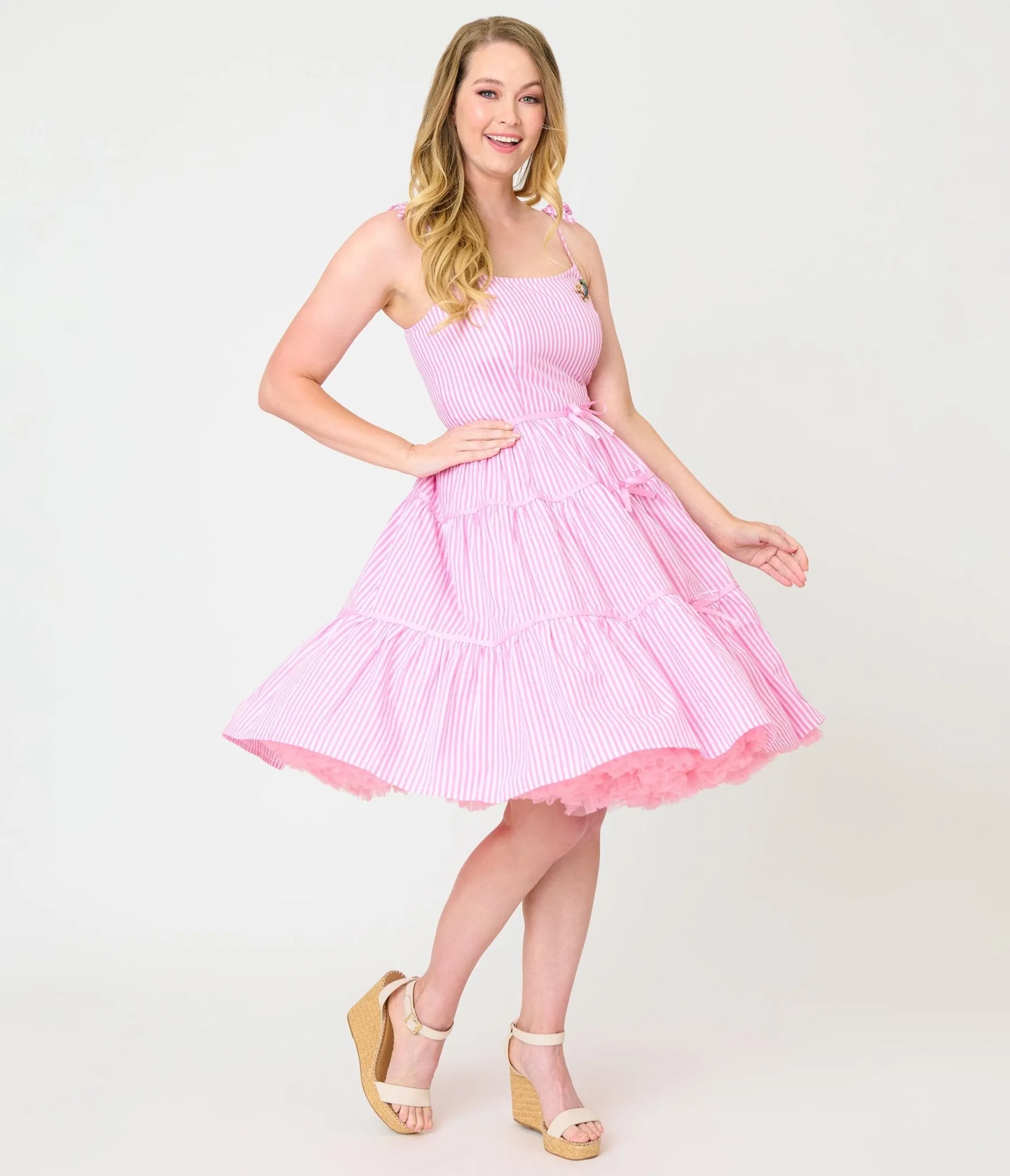 Unique Vintage Pink Stripes & Frog Brooch Tiered Swing Dress sold by Unique Vintage product image thumbnail 3