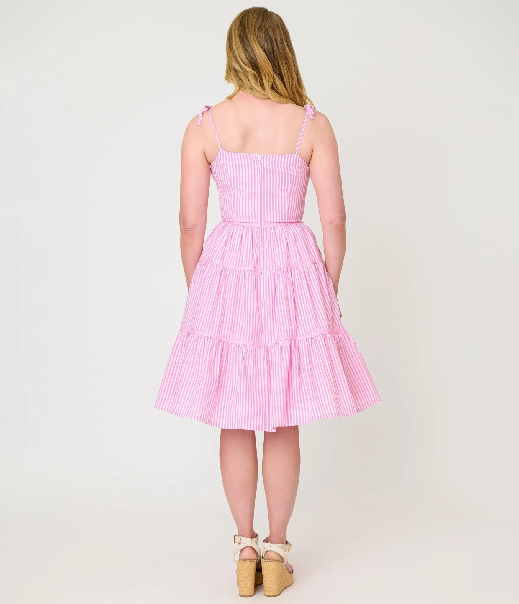 Unique Vintage Pink Stripes & Frog Brooch Tiered Swing Dress sold by Unique Vintage product image thumbnail 2