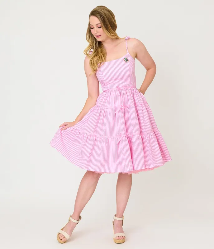 Unique Vintage Pink Stripes & Frog Brooch Tiered Swing Dress made by Unique Vintage