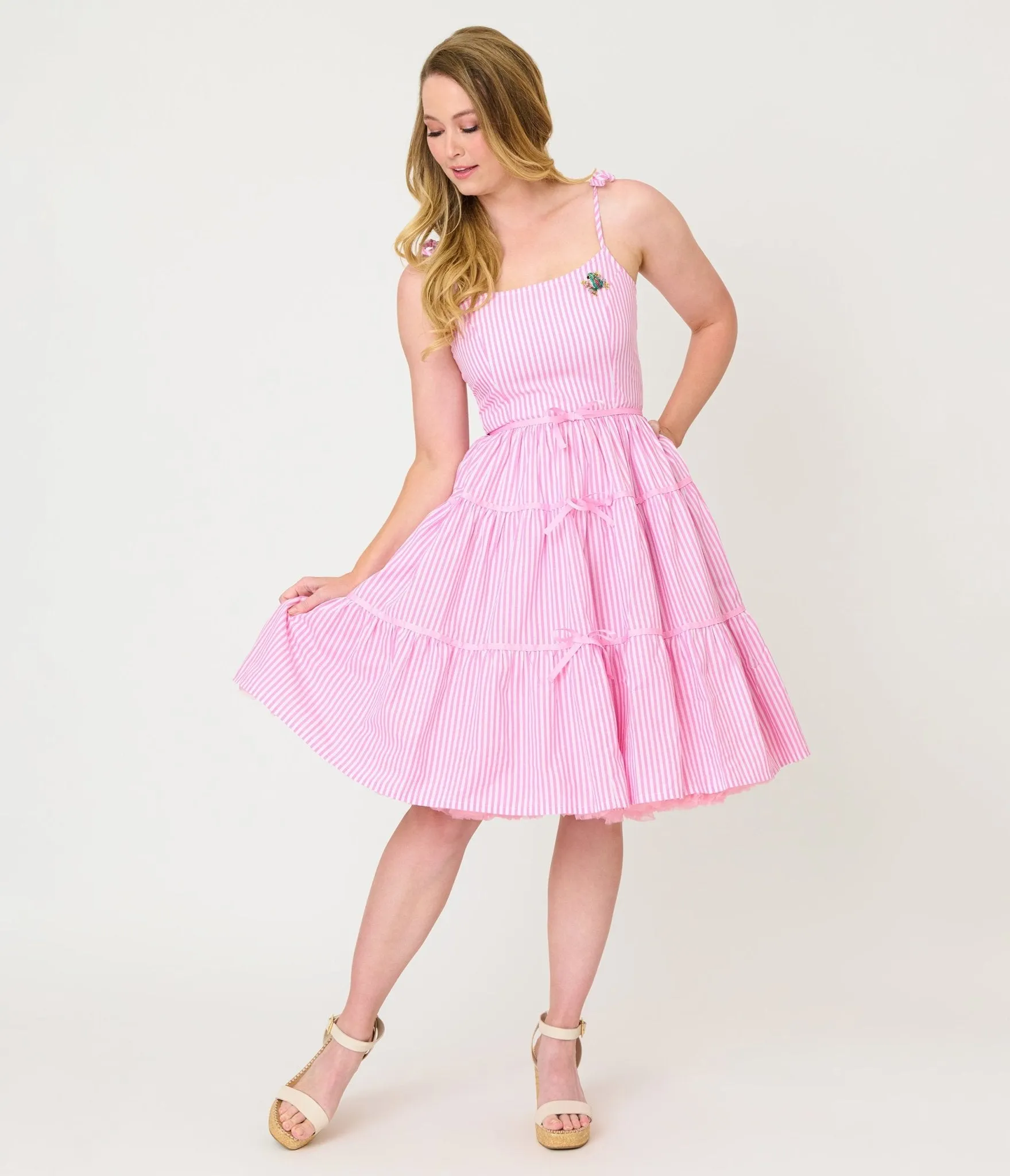 Unique Vintage Pink Stripes & Frog Brooch Tiered Swing Dress sold by Unique Vintage