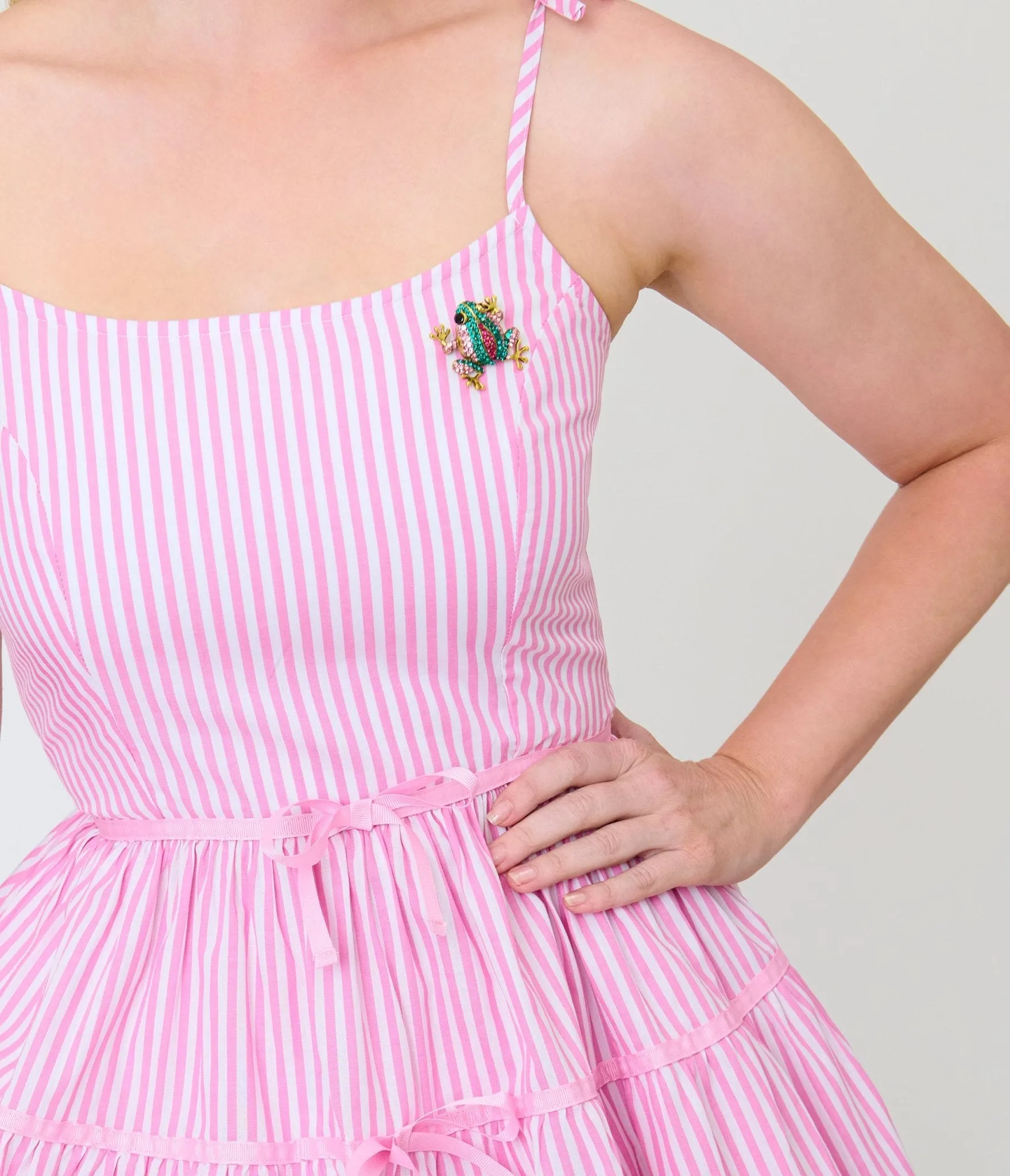 Unique Vintage Pink Stripes & Frog Brooch Tiered Swing Dress sold by Unique Vintage product image thumbnail 4