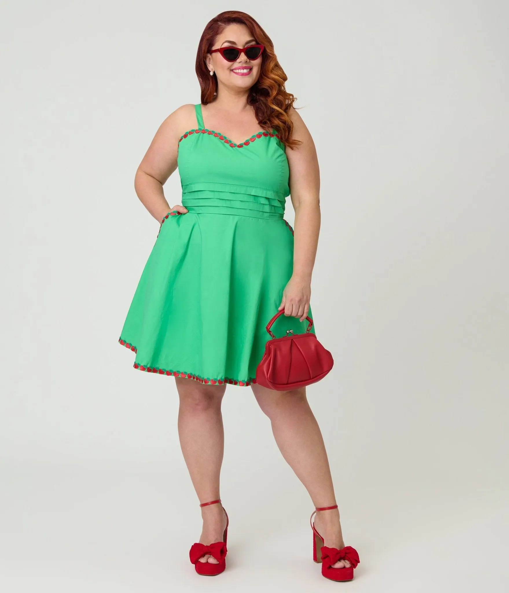 Unique Vintage Plus Size Green & Fruit Trim Cotton Flare Dress sold by Unique Vintage