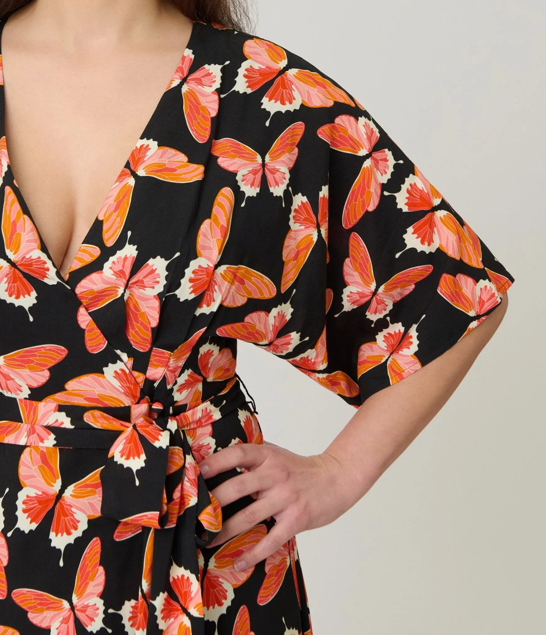 Unique Vintage Black Butterfly Print Wrap Midi Dress sold by Unique Vintage product image thumbnail 5