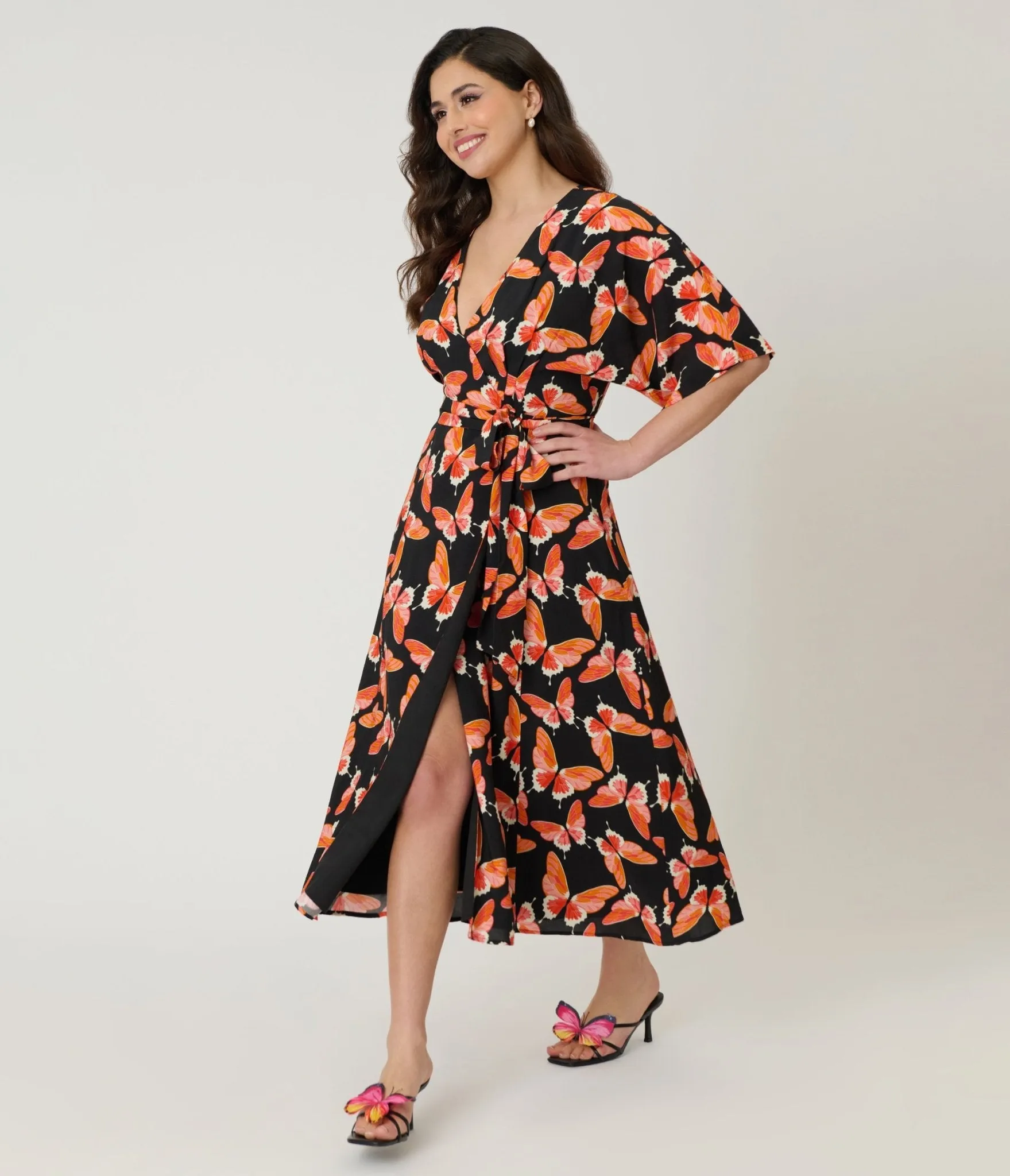 Unique Vintage Black Butterfly Print Wrap Midi Dress sold by Unique Vintage product image thumbnail 4