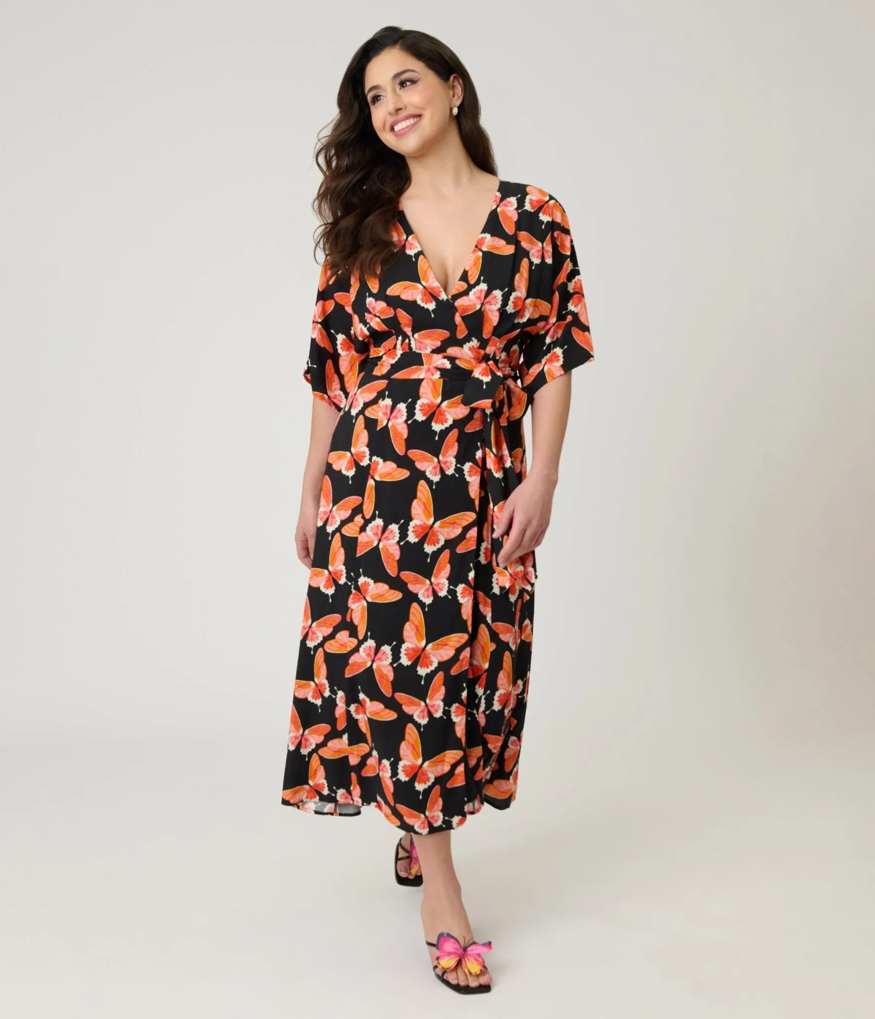 Unique Vintage Black Butterfly Print Wrap Midi Dress sold by Unique Vintage product image thumbnail 3
