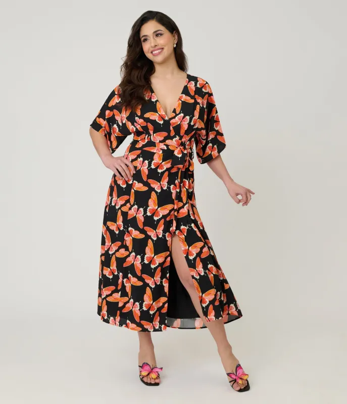 Unique Vintage Black Butterfly Print Wrap Midi Dress made by Unique Vintage