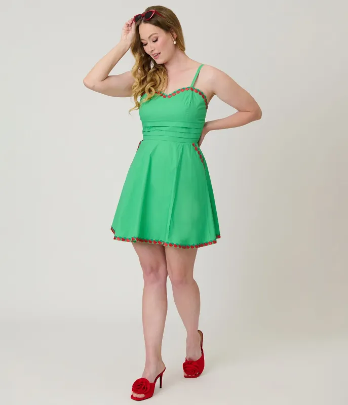 Unique Vintage Green & Fruit Trim Cotton Flare Dress made by Unique Vintage