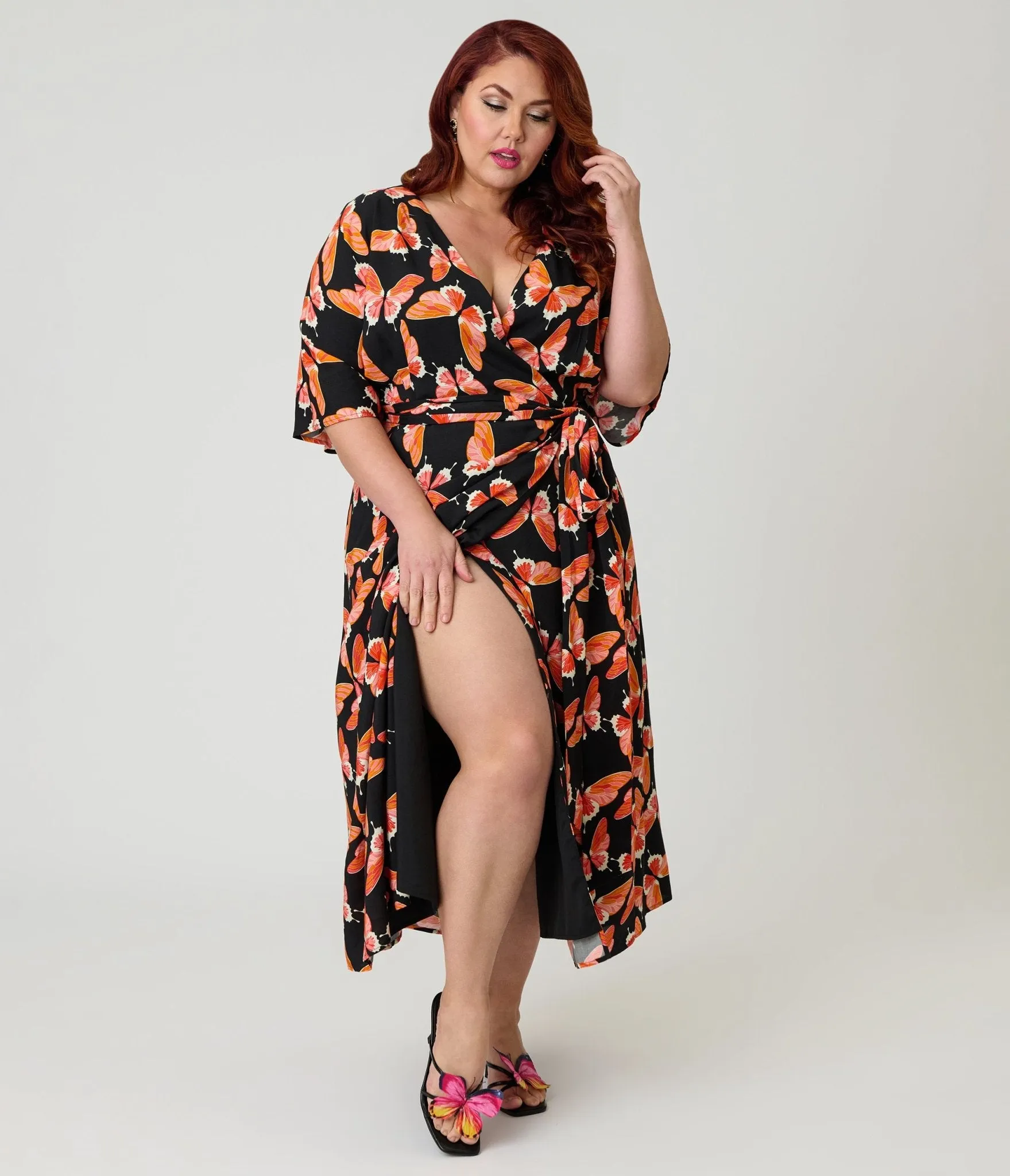 Unique Vintage Plus Size Black Butterfly Print Wrap Midi Dress sold by Unique Vintage product image thumbnail 3