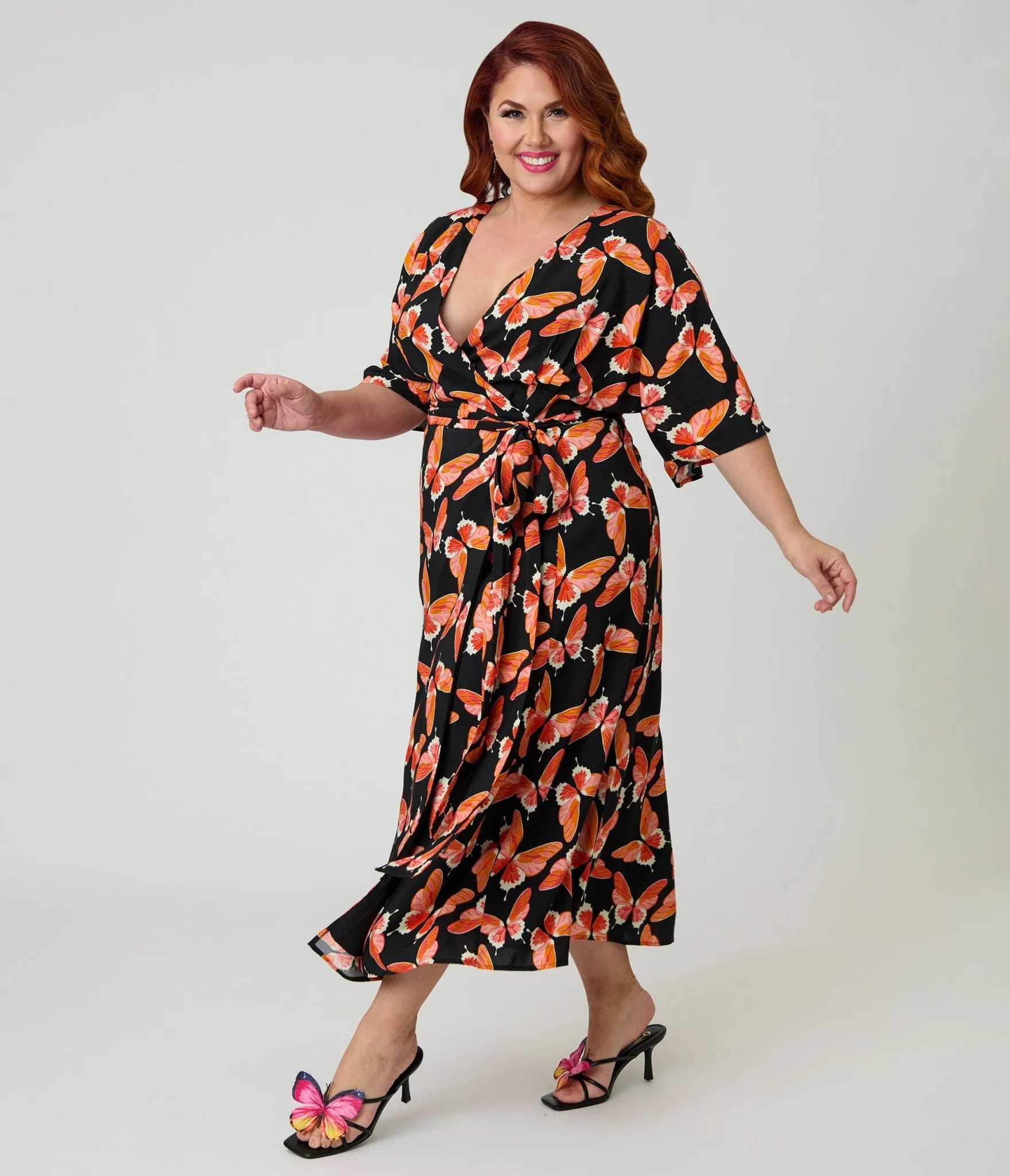 Unique Vintage Plus Size Black Butterfly Print Wrap Midi Dress sold by Unique Vintage product image thumbnail 4
