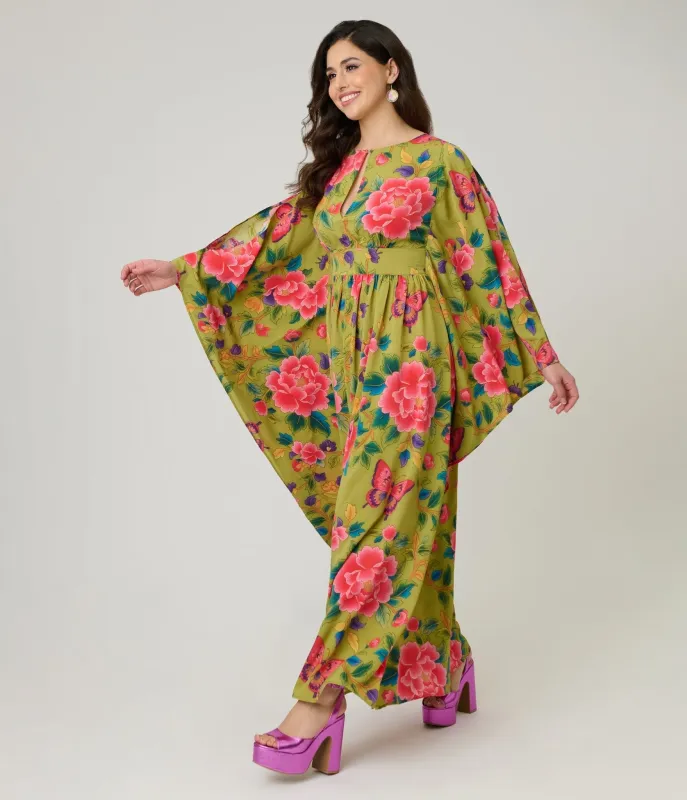 Unique Vintage Green & Pink Butterfly Floral Flutter Sleeve Caftan made by Unique Vintage