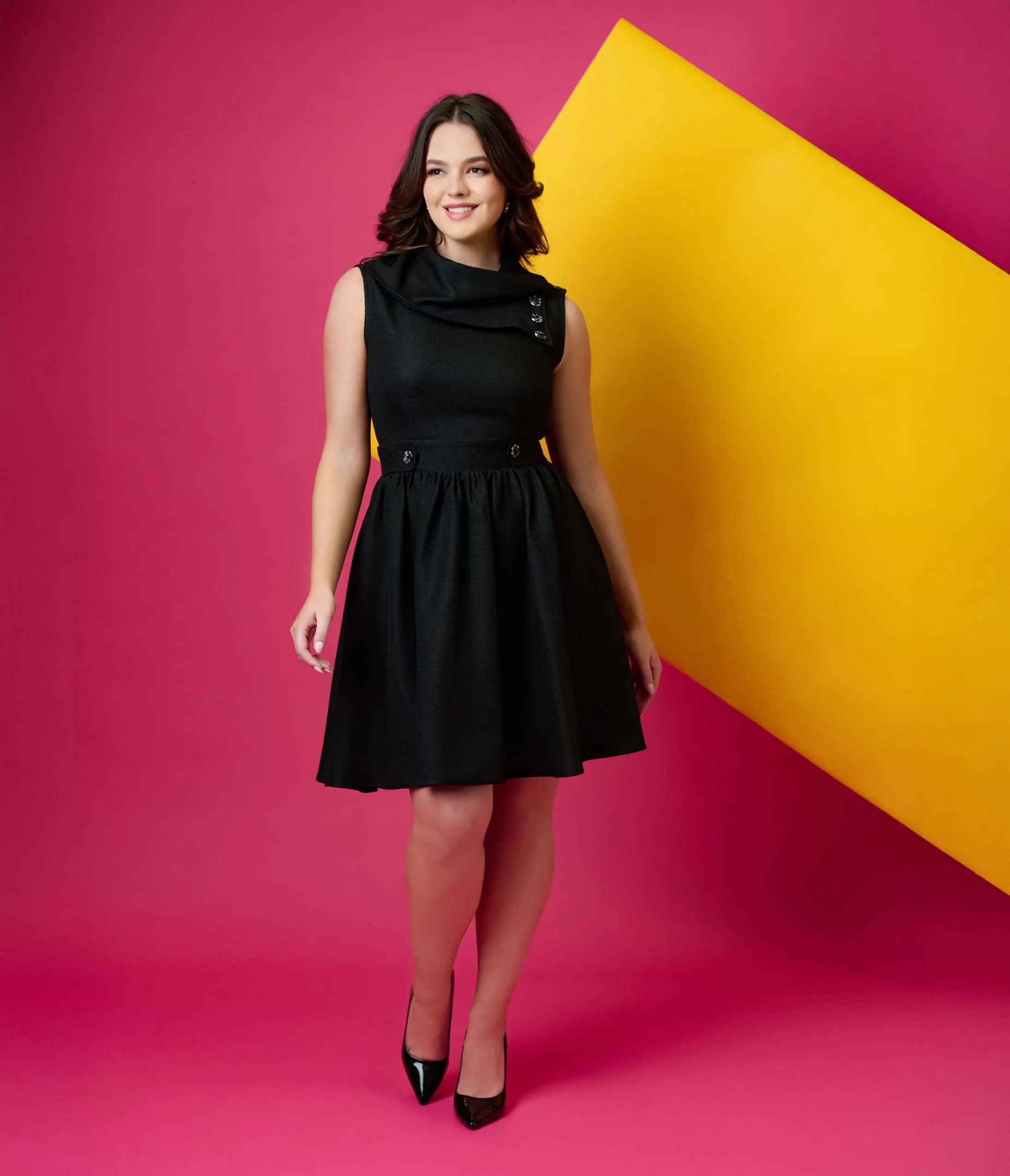 Smak Parlour Black Tweed Funnel Neck Fit & Flare Dress sold by Unique Vintage product image thumbnail 4
