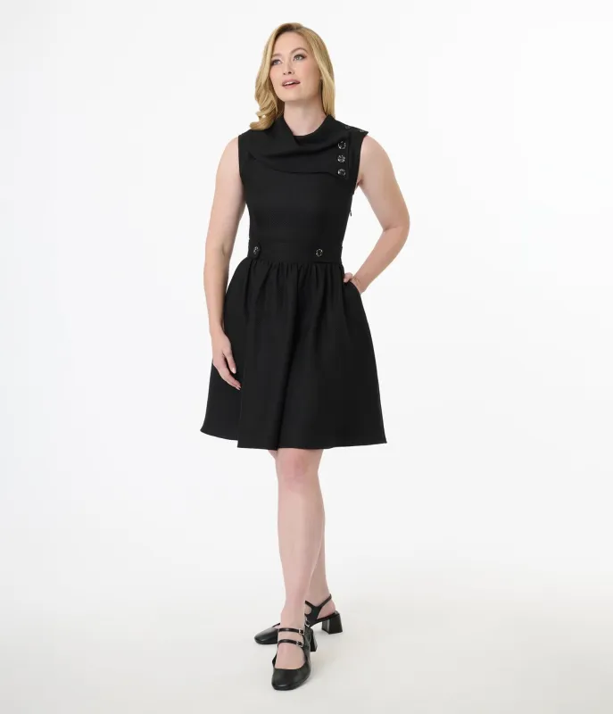 Smak Parlour Black Tweed Funnel Neck Fit & Flare Dress made by Unique Vintage