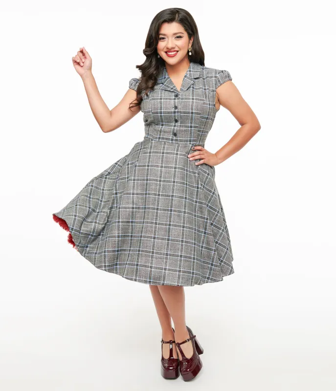 1950s Grey & Blue Plaid Swing Dress made by Unique Vintage