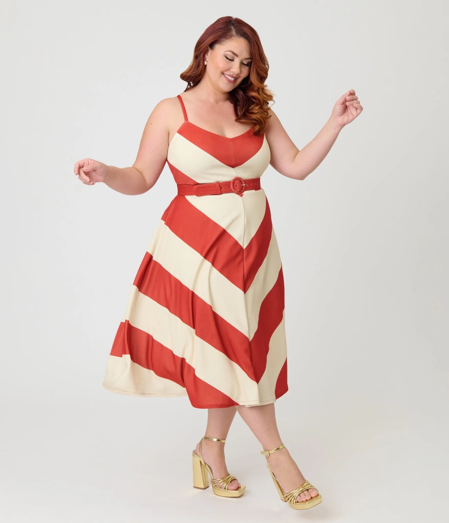 Smak Parlour Plus Size Rust & Ivory Spaghetti Strap Chevron Midi Dress sold by Unique Vintage product image thumbnail 4