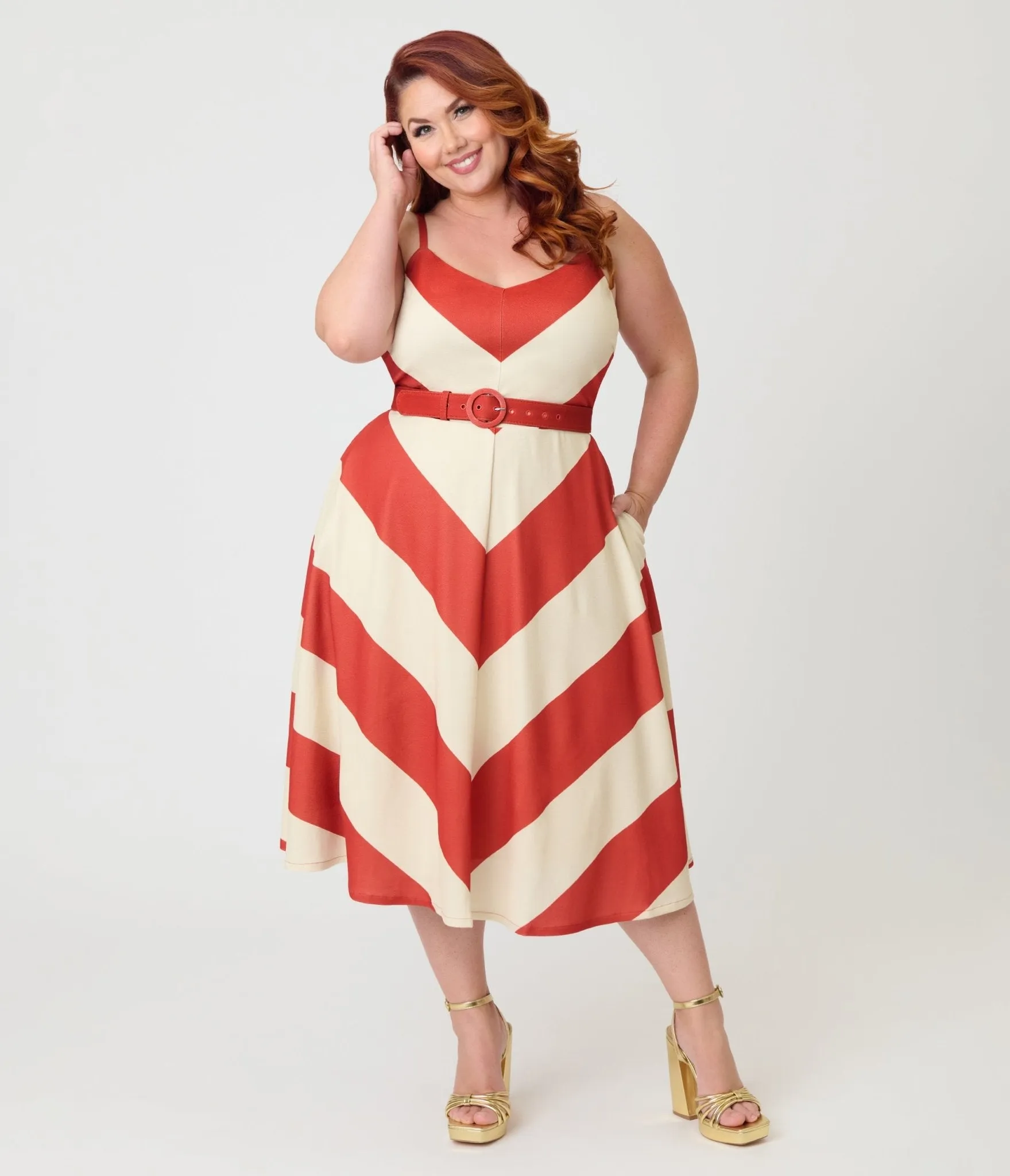 Smak Parlour Plus Size Rust & Ivory Spaghetti Strap Chevron Midi Dress sold by Unique Vintage
