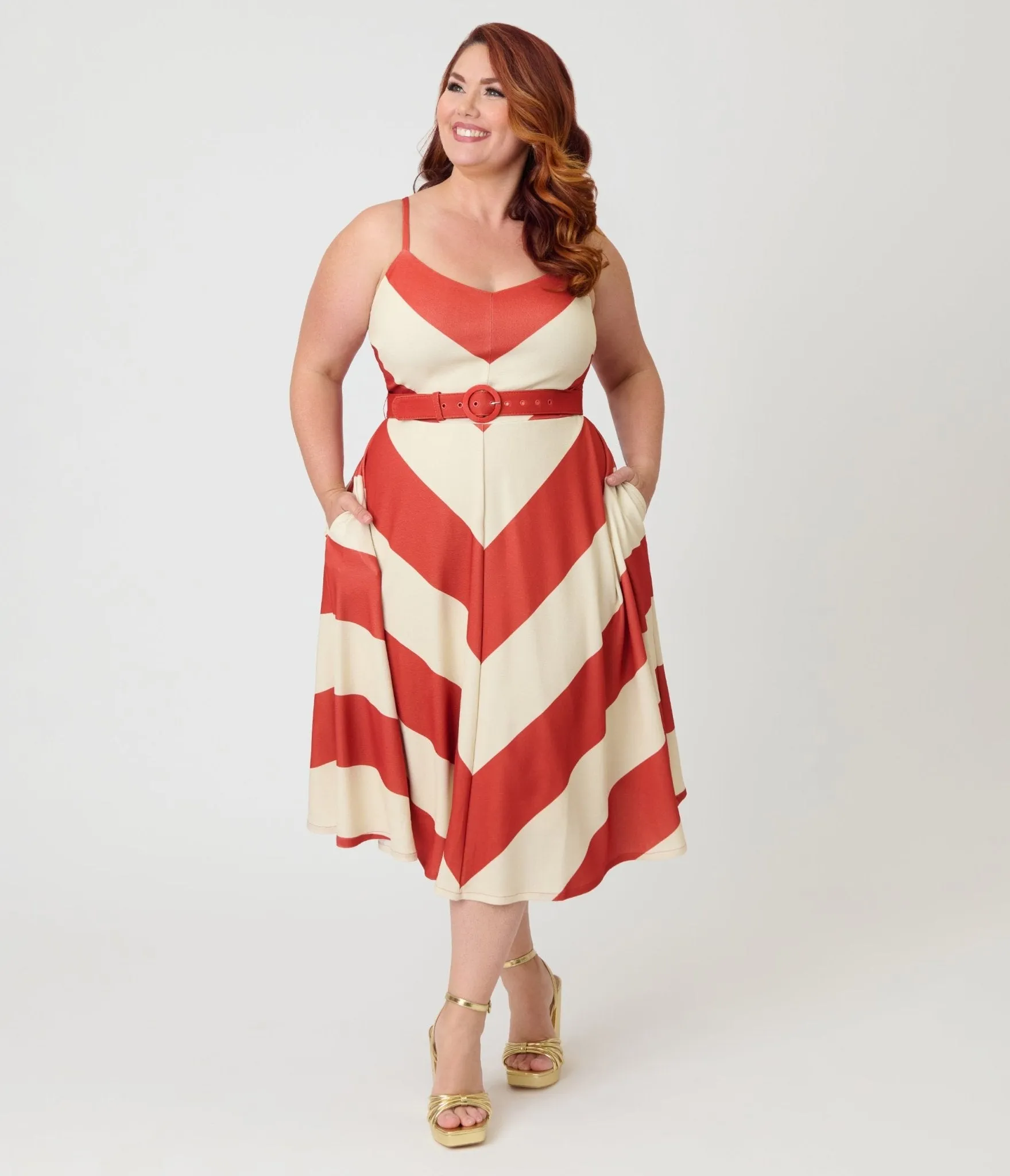 Smak Parlour Plus Size Rust & Ivory Spaghetti Strap Chevron Midi Dress sold by Unique Vintage product image thumbnail 5
