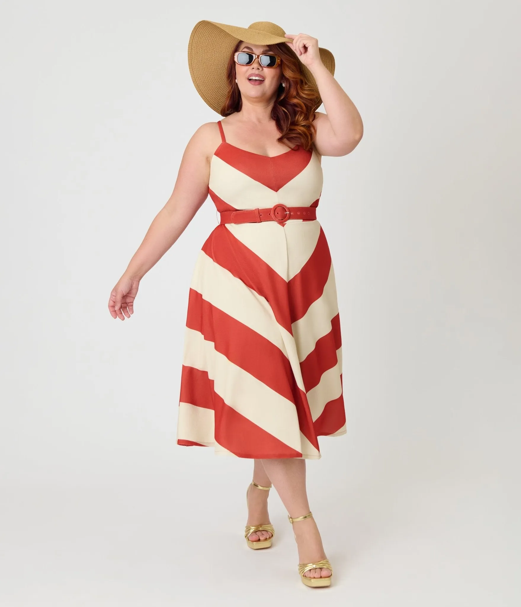 Smak Parlour Plus Size Rust & Ivory Spaghetti Strap Chevron Midi Dress sold by Unique Vintage product image thumbnail 3
