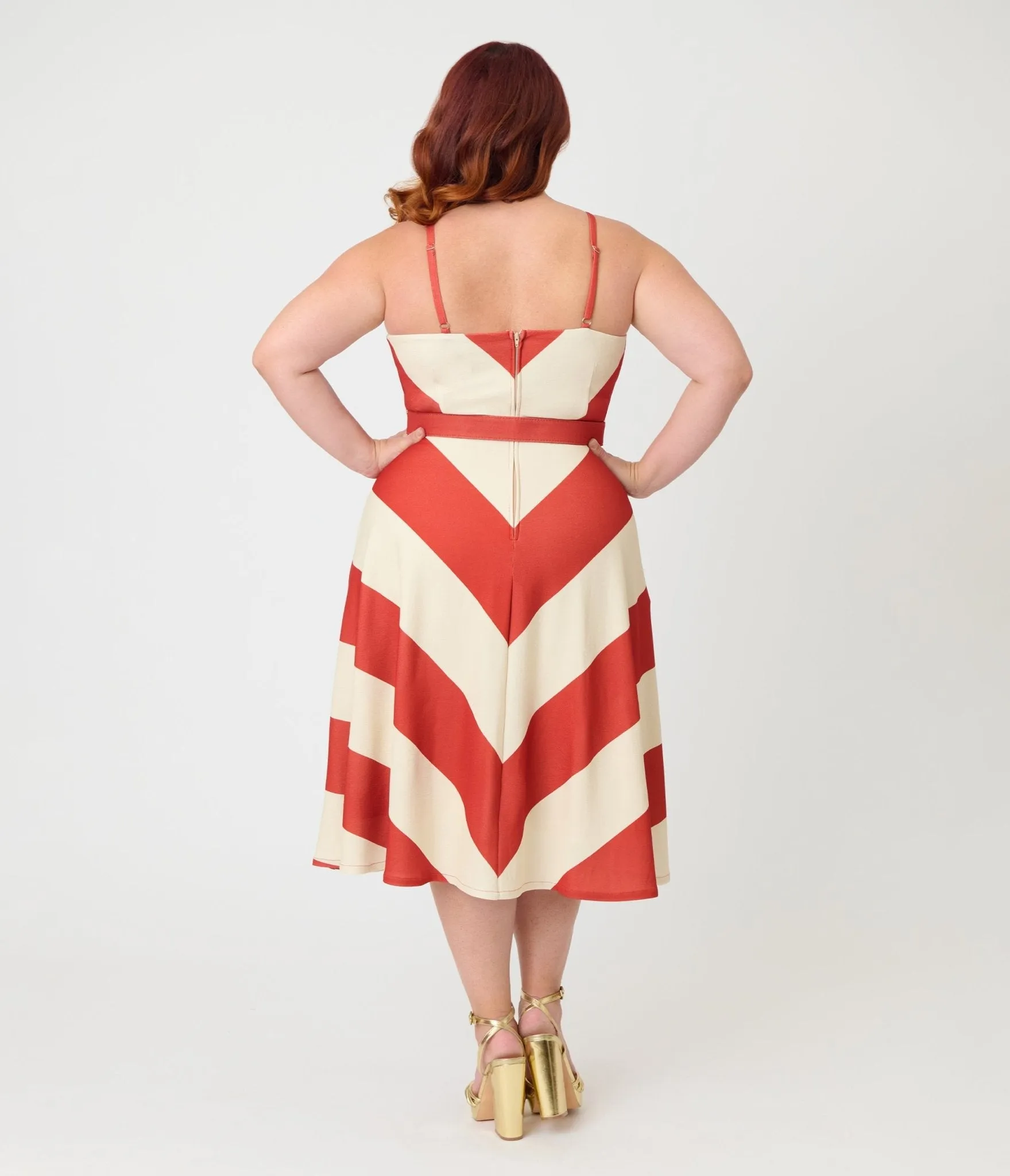 Smak Parlour Plus Size Rust & Ivory Spaghetti Strap Chevron Midi Dress sold by Unique Vintage product image thumbnail 2