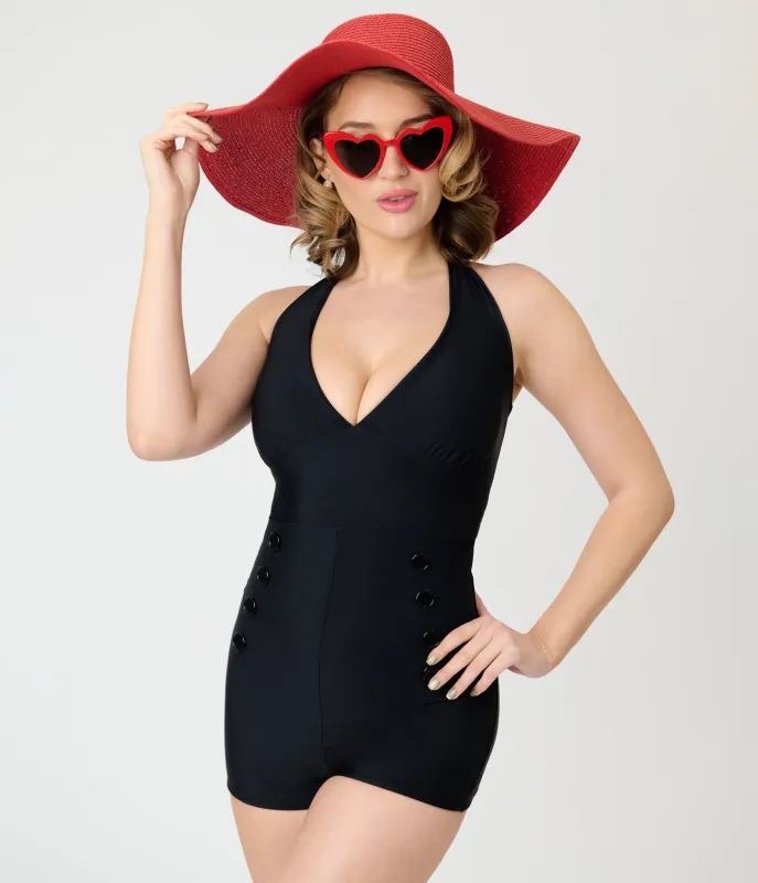 Pinky Pinups Black Halter One Piece Swimsuit made by Unique Vintage