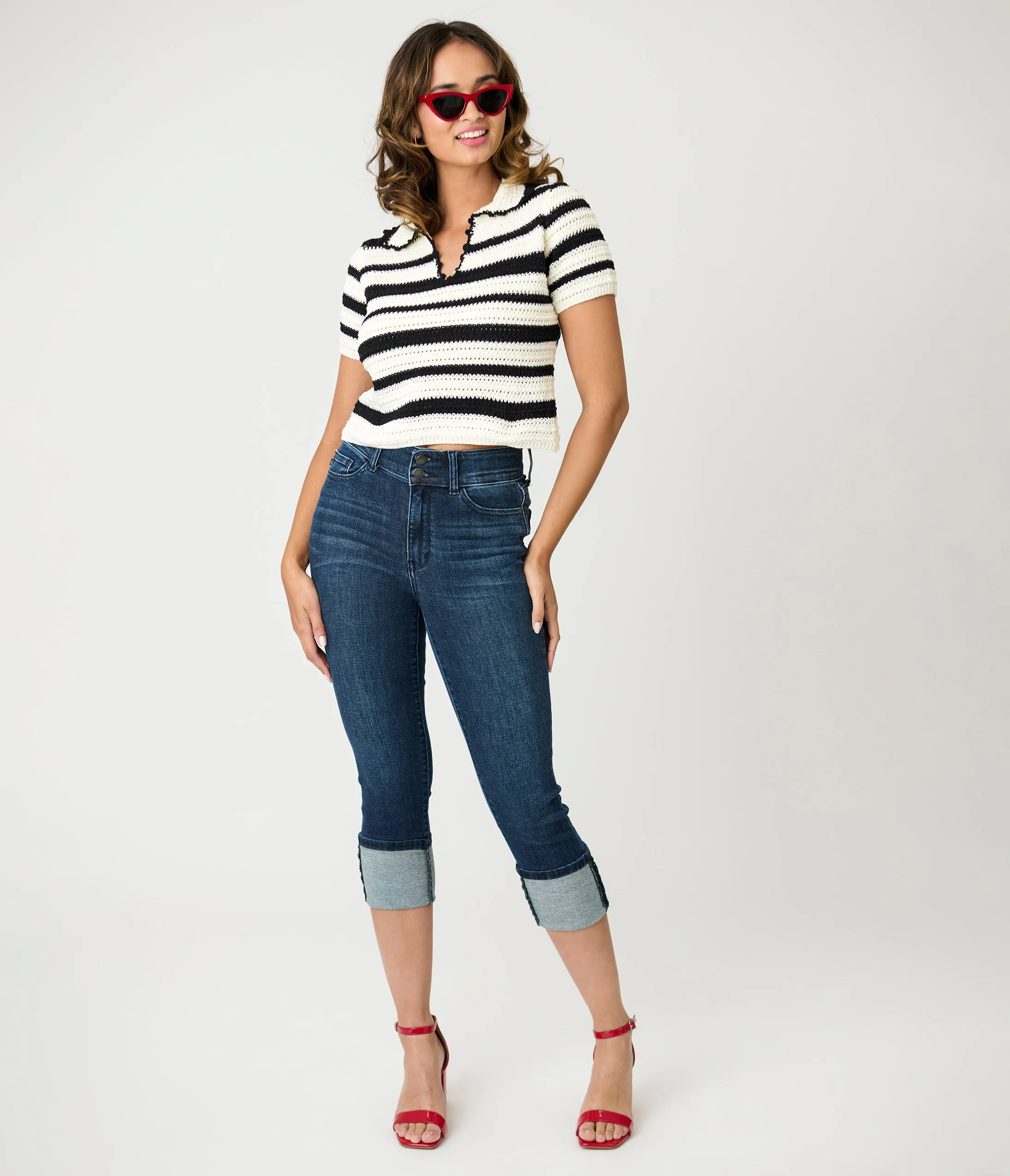 Denim High Waist Double Button Capri Jeans sold by Unique Vintage