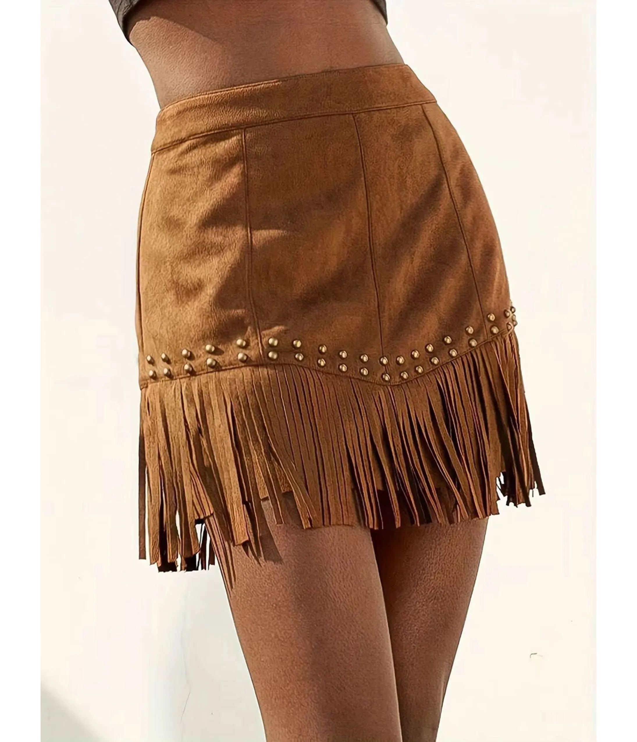 Brown Faux Suede Fringe Mini Skirt sold by Unique Vintage product image thumbnail 3