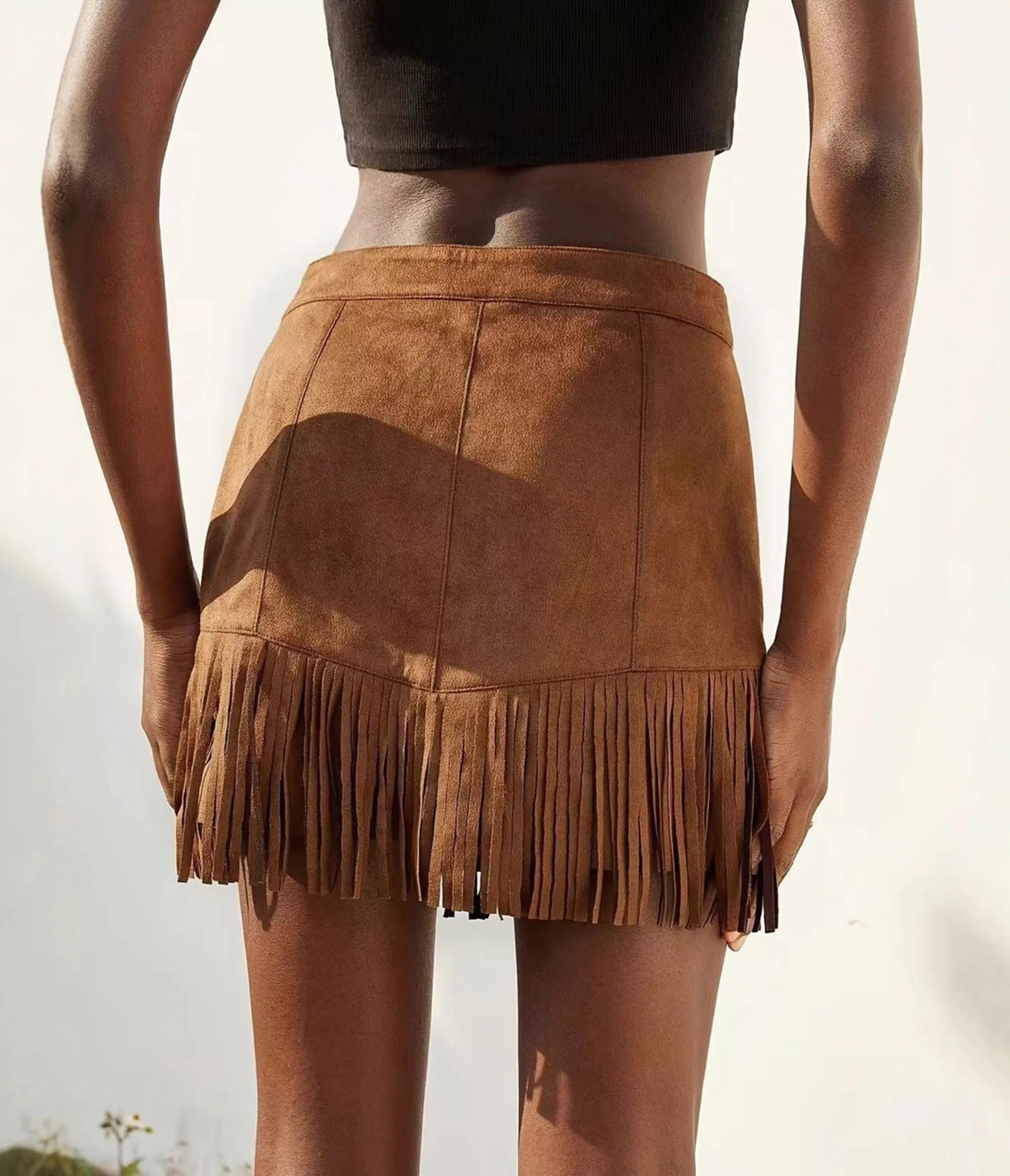 Brown Faux Suede Fringe Mini Skirt sold by Unique Vintage product image thumbnail 2
