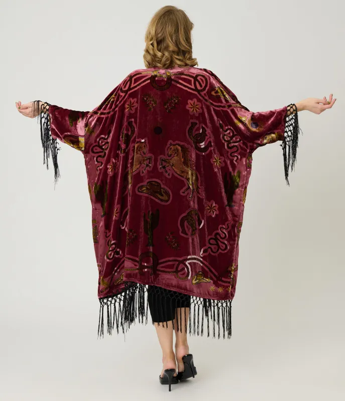 Unique Vintage Burgundy Western Burnout Velvet Fringe Kimono made by Unique Vintage