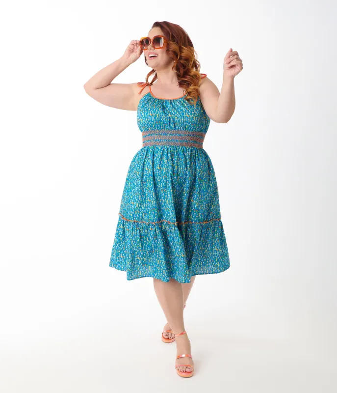 Smak Parlour Plus Size Blue Ditsy Floral Tiered Cotton Flare Dress made by Unique Vintage