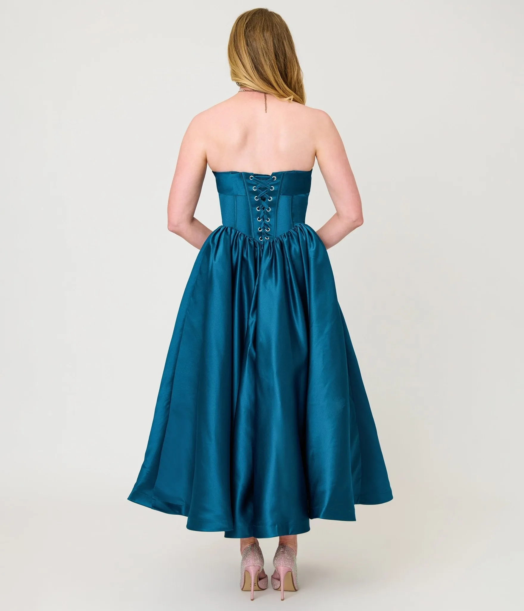 Unique Vintage Teal Bow Strapless Tea Length Gown sold by Unique Vintage product image thumbnail 2