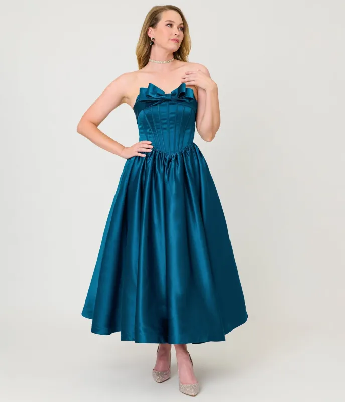 Unique Vintage Teal Bow Strapless Tea Length Gown made by Unique Vintage